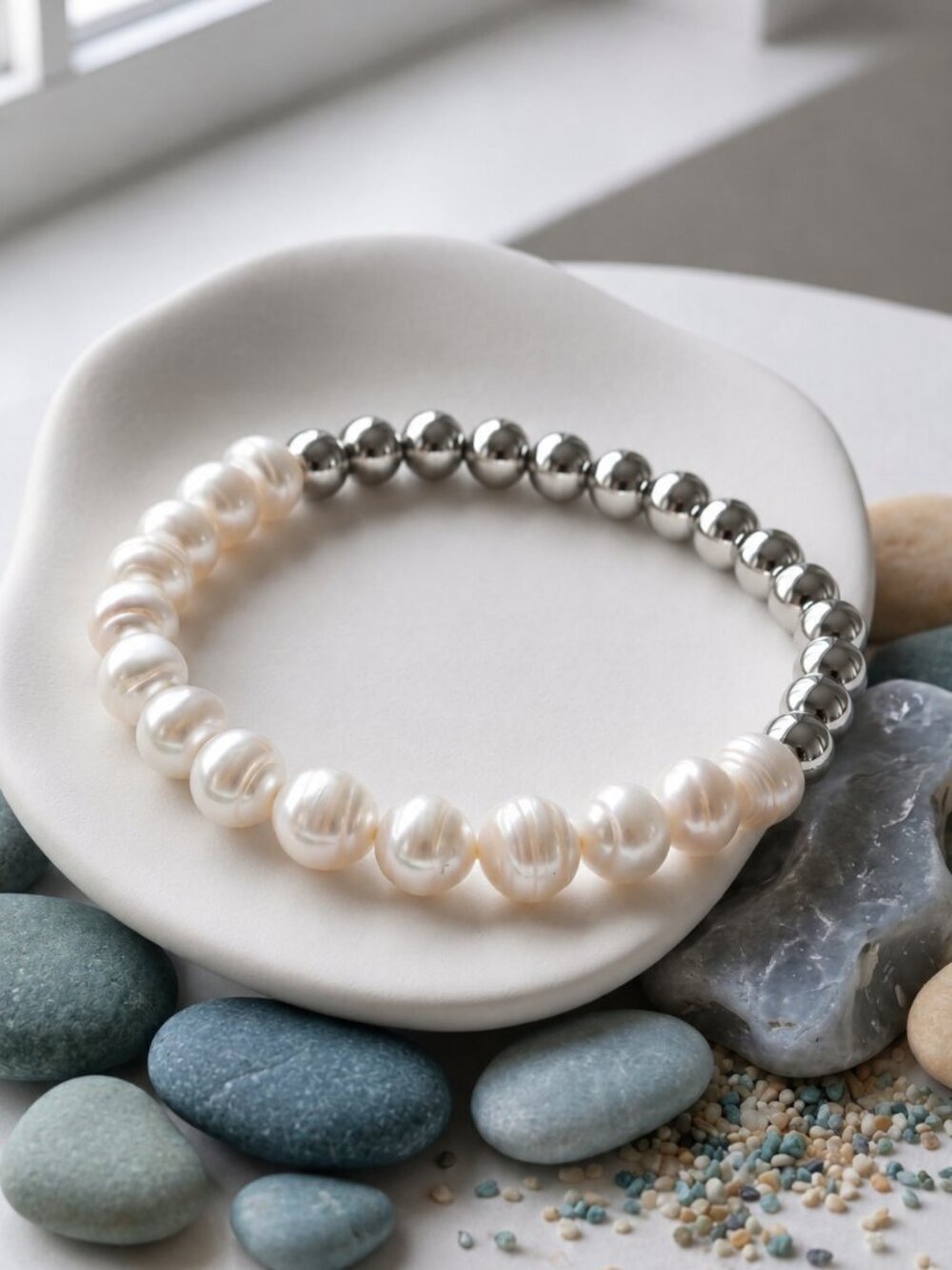 Freshwater Pearl and Steel Bead Stretch Bracelet Half and Half Clean Girl 6.3"